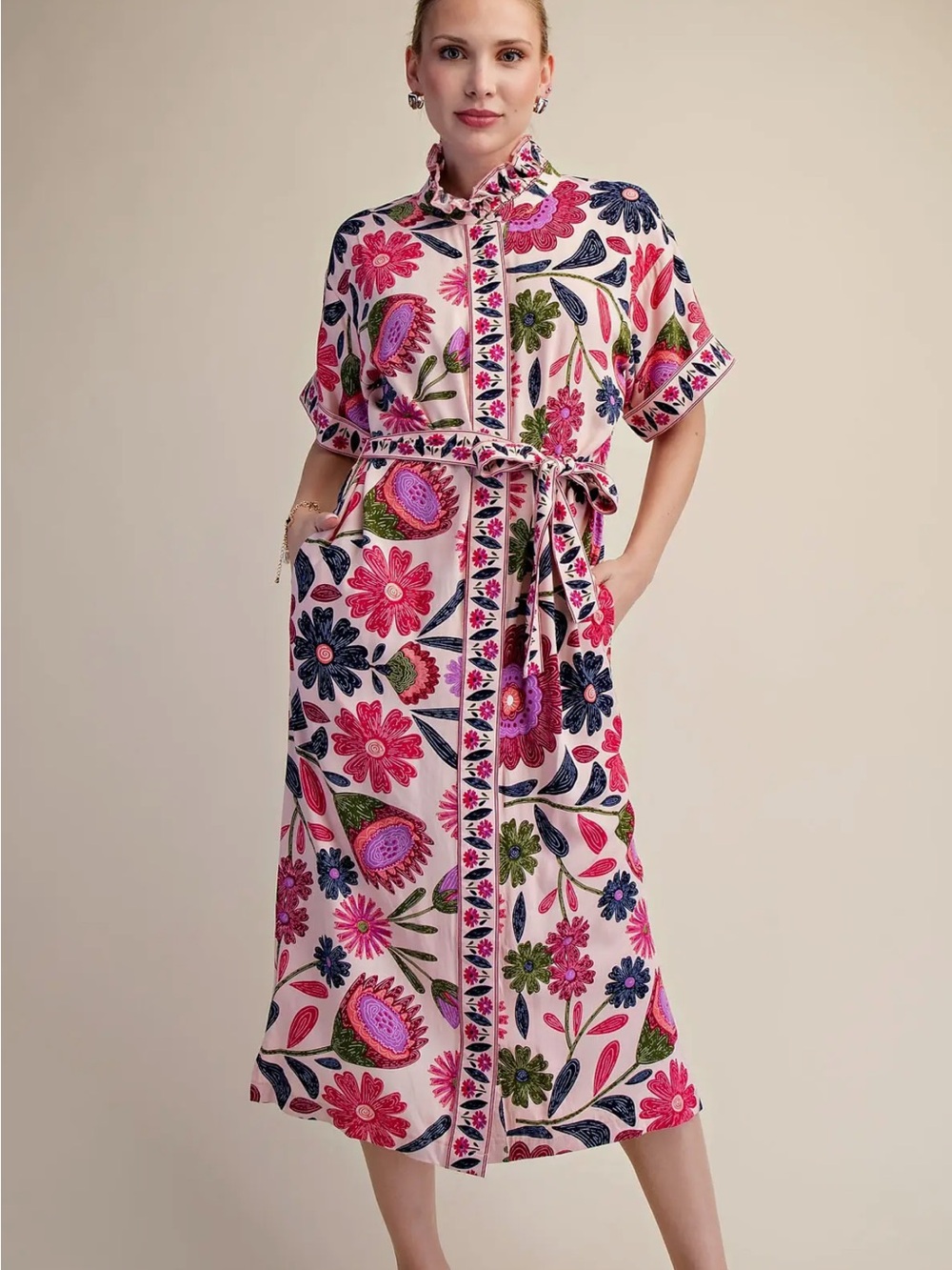 NWT, Glam Pink Floral Maxi Shirt Dress